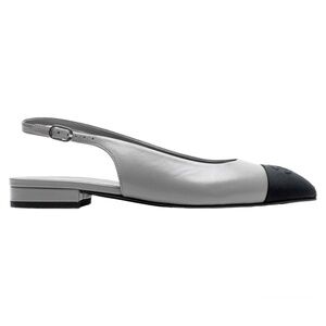 Chanel 24A Gray Leather Black CC Logo Coco Slingback Pointed Toe Ballet Flat 36c